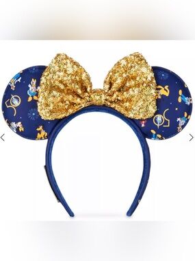 WALT DISNEY WORLD & LOUNGE FLY Blue & Gold Sequin 50th Anniversary Ears Adult